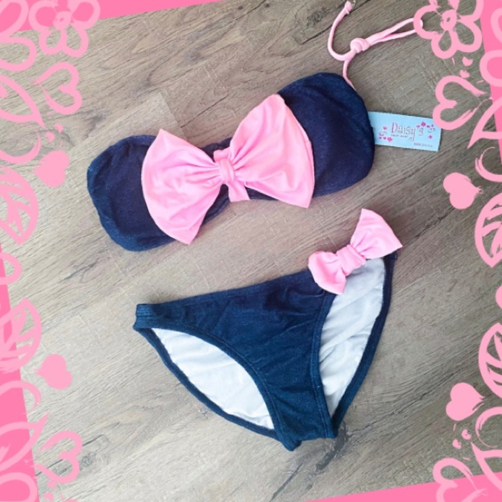 Blue Denim Print Bikini With Pink Bow🎀
